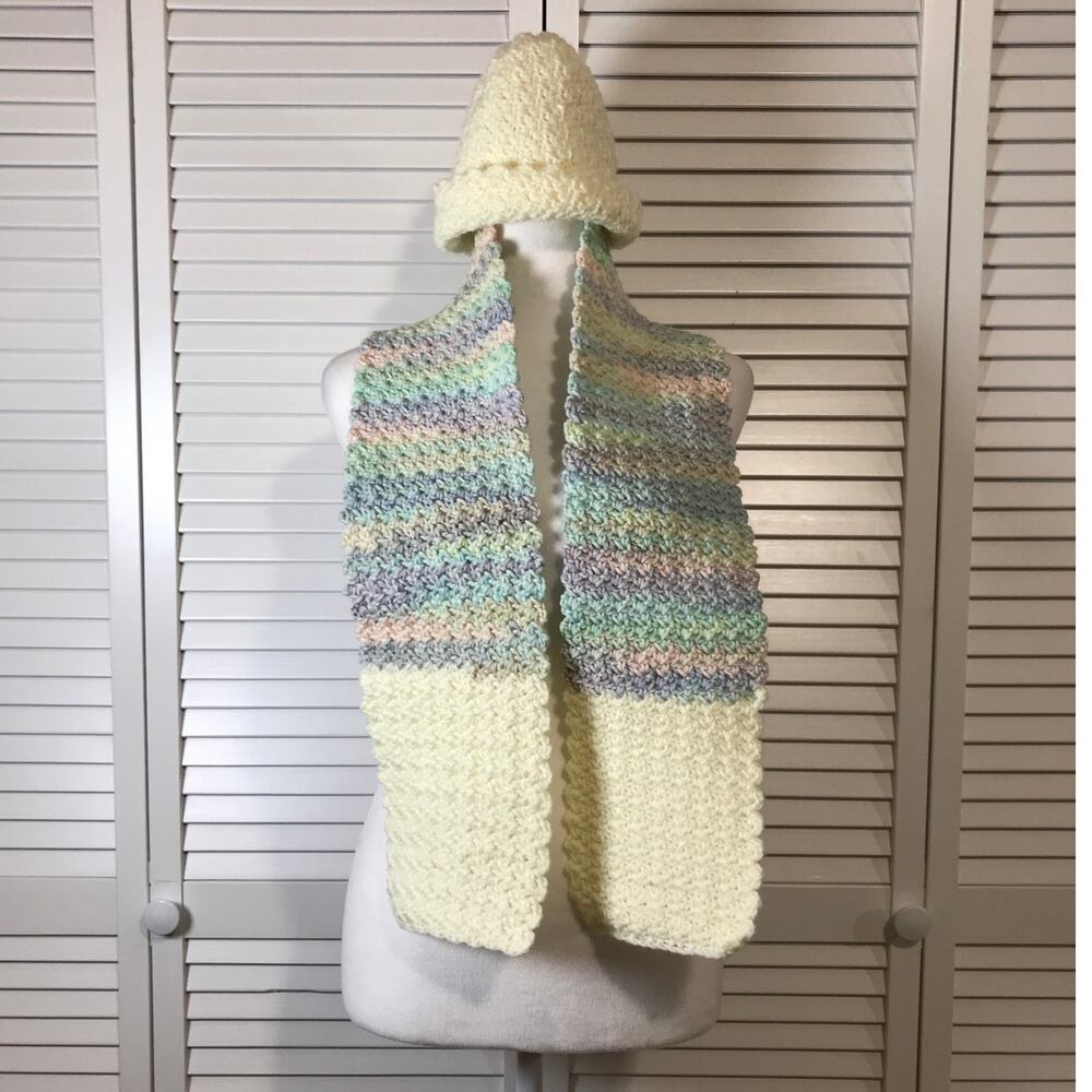 NWT Handmade Crocheted Cream Multicolor Textured Beanie & Scarf 50”